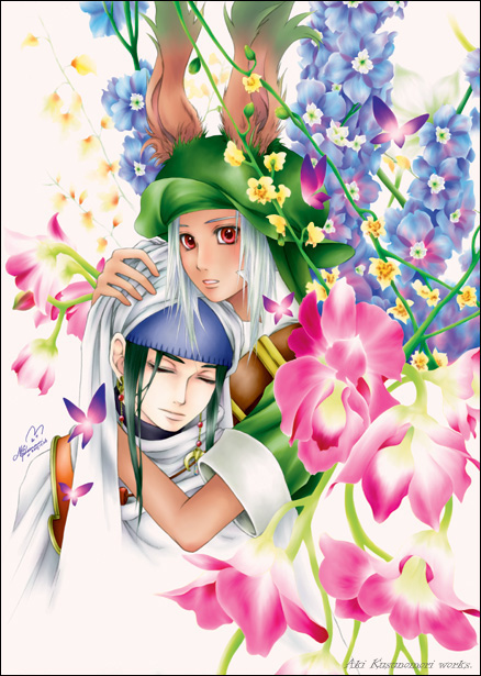aki kusunomori, paladin (final fantasy), final fantasy, final fantasy tactics a2, final fantasy tactics advance, sniper, bad id, bad pixiv id, 1boy, 1girl, animal ears, bug, butterfly, closed eyes, flower, hat, hetero, hug, paladin, rabbit ears, red eyes, turban, viera, white hair