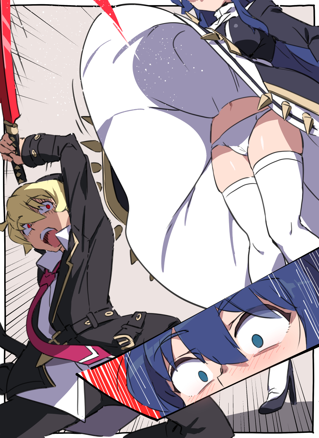 touniyuu, kido hyde, orie ballardiae harada, under night in-birth, highres, 1boy, 1girl, ahoge, attack, black hair, blonde hair, blue eyes, blue hair, blush, breasts, brown hair, clothes lift, dress, dress lift, holding, large breasts, long hair, multicolored hair, necktie, open mouth, panties, pantyshot, red eyes, school uniform, short hair, sword, thighhighs, two-tone hair, underwear, weapon, white panties, wind, wind lift