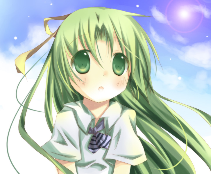 tsukishio kanoka, sonozaki shion, higurashi no naku koro ni, 00s, green eyes, green hair, long hair, solo