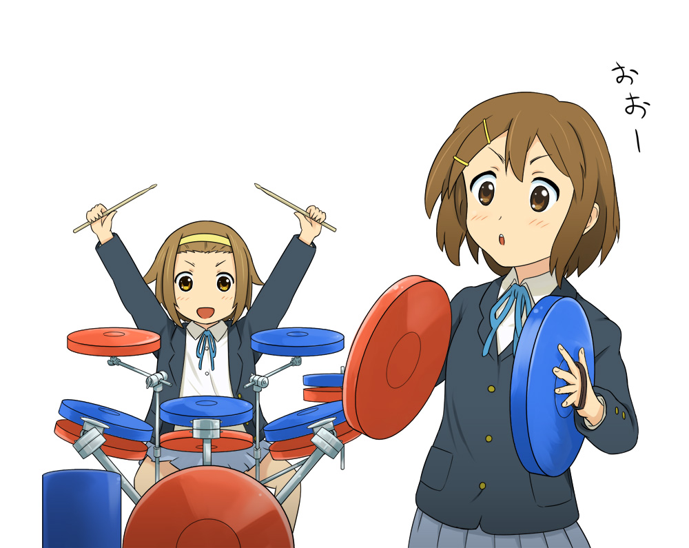 denden, hirasawa yui, tainaka ritsu, k-on!, 00s, 2girls, brown eyes, brown hair, castanets, cymbals, drum, drum set, instrument, multiple girls, school uniform, short hair, tomboy