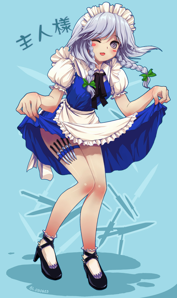 yu li, izayoi sakuya, touhou, silver hair, 1girl, apron, blue eyes, braid, clothes lift, dress, dress lift, female focus, full body, hair ornament, hair ribbon, hairband, high heels, knife, laughing, legs, long hair, maid, maid apron, one eye closed, ribbon, shoes, short hair, smile, solo, standing, thigh strap, twin braids, wink