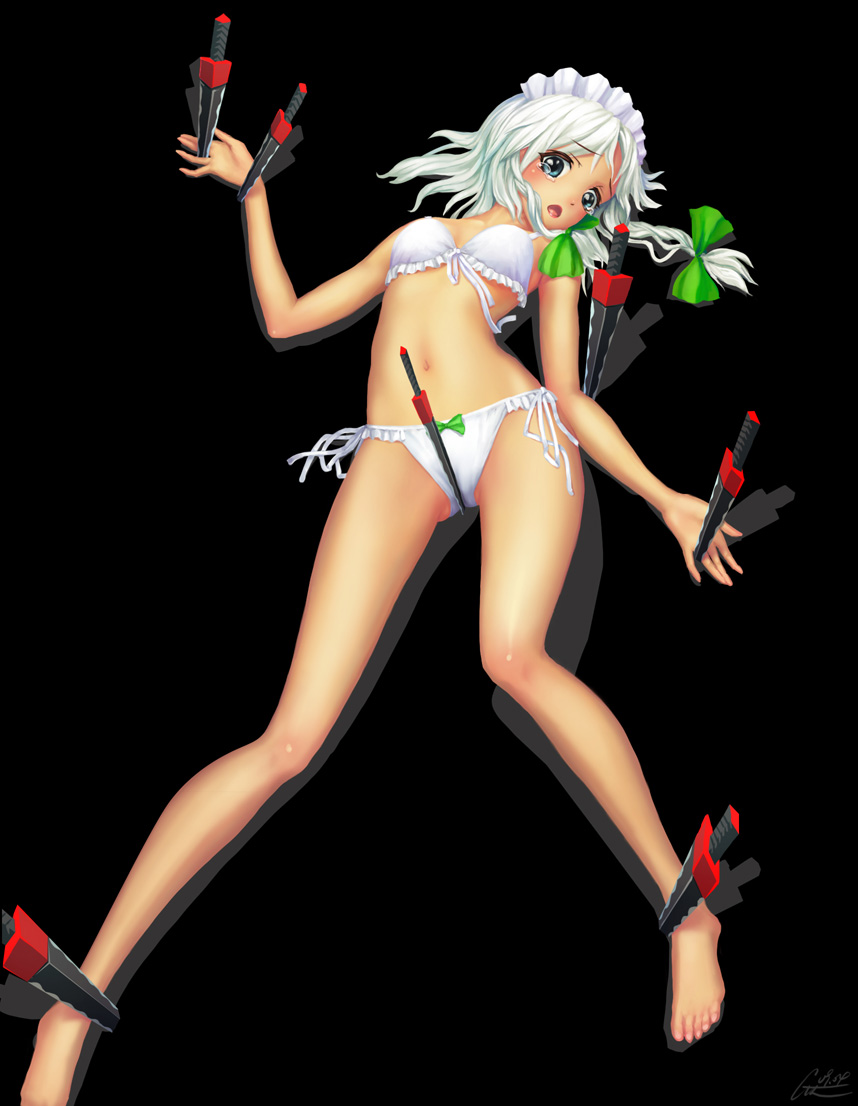 yu li, izayoi sakuya, touhou, 1girl, barefoot, bikini, blue eyes, breasts, dagger, feet, female focus, flat chest, knife, legs, lying, short hair, solo, swimsuit, tears, weapon, white hair