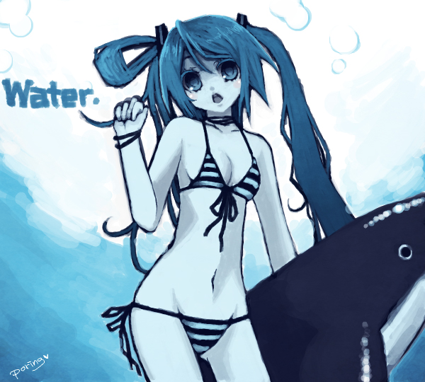 miyamae porin, hatsune miku, vocaloid, bad id, bad pixiv id, 1girl, bikini, blue theme, blush, dolphin, female focus, flat chest, front-tie top, inflatable dolphin, inflatable toy, long hair, lowleg, lowleg bikini, monochrome, side-tie bikini bottom, solo, spot color, string bikini, striped bikini, striped clothes, swimsuit, twintails