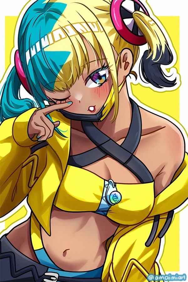 amaimi, canari (pokemon), nintendo, pokemon, pokemon legends: z-a, commentary request, 1girl, aqua hair, bandeau, belt, black mask, black pants, blonde hair, blue eyes, blue pants, breasts, center-flap bangs, cleavage, criss-cross straps, dark-skinned female, dark skin, jacket, looking at viewer, mask, mask pull, medium breasts, mega ring, mega stone, midriff, mouth mask, multicolored hair, navel, pants, short twintails, solo, split-color hair, sports bra, stomach, twintails, twitter username, two-tone hair, two-tone mask, two-tone pants, yellow bandeau, yellow jacket, yellow mask, yellow sports bra