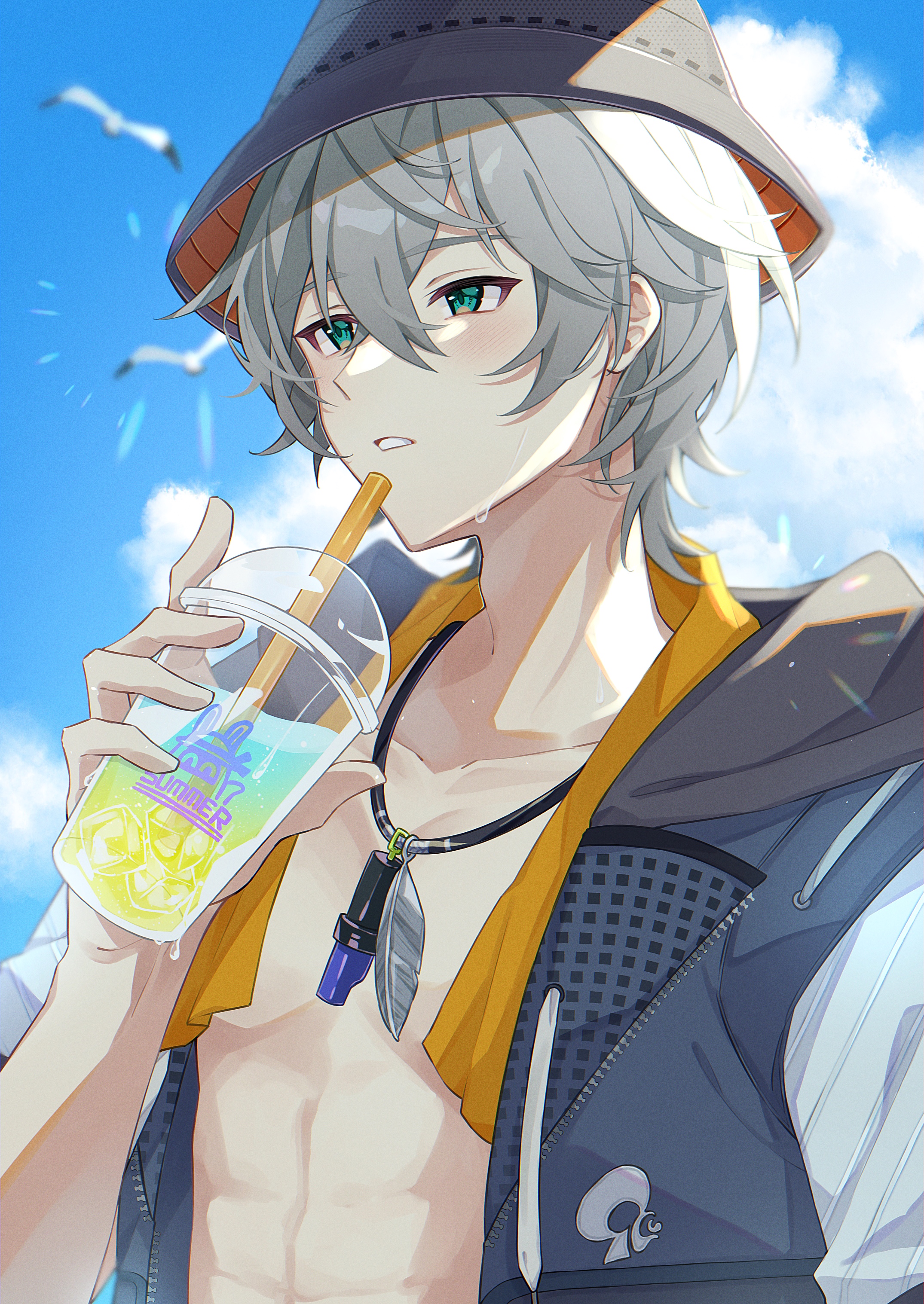 nya inuha, wise (peaceful waves) (zenless zone zero), wise (zenless zone zero), zenless zone zero, absurdres, highres, 1boy, aqua eyes, black hat, blush, cup, disposable cup, drinking straw, feathers, grey hair, hat, holding, holding cup, jacket, jewelry, male focus, necklace, official alternate costume, open clothes, open jacket, short hair, solo, teeth