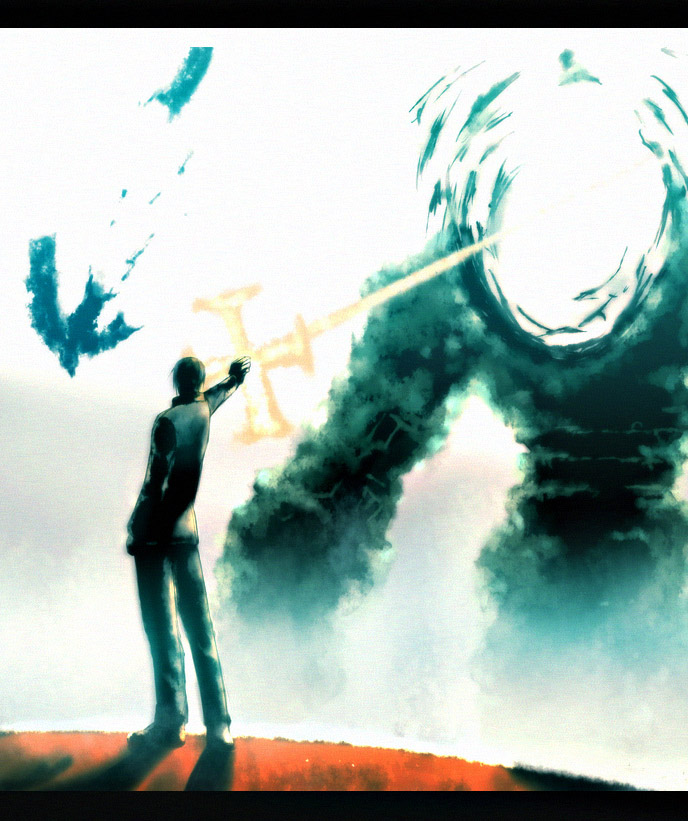 onibi (foxhound4185), killy, blame!, shadow of the colossus, 1boy, colossus, crossover, death, energy gun, gun, letterboxed, male focus, parody, solo, weapon