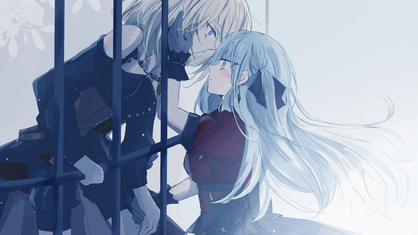 doloris (bang dream!), misumi uika, oblivionis (bang dream!), togawa sakiko, bang dream!, bang dream! it's mygo!!!!!, 2girls, 55ddee, ascot, black ascot, black dress, black gloves, black ribbon, blonde hair, blue hair, cage, closed mouth, clothing cutout, corset, dress, earrings, gloves, hair ribbon, hand on another's face, holding hands, jewelry, long hair, long sleeves, medium hair, multiple girls, purple eyes, red shirt, ribbon, shirt, short sleeves, shoulder cutout, simple background, white background, yellow eyes, yuri