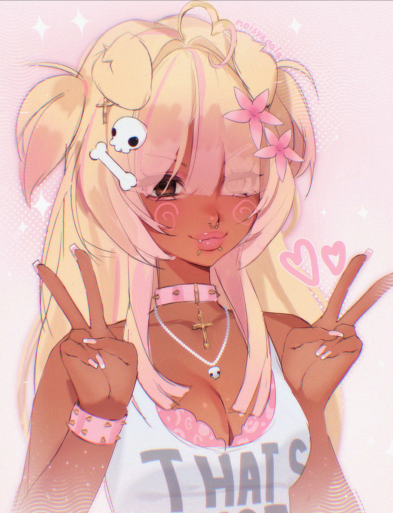 noisykoala, original, commentary, english commentary, highres, 1girl, aegyo sal, ahoge, animal earrings, animal ears, animal print, artist name, blonde hair, blunt ends, bra, bra peek, breasts, brown eyes, choker, chromatic aberration, cleavage, cross, cross choker, cross earrings, dark-skinned female, dark skin, dog ears, dog girl, double v, drawn heart, earrings, eyelashes, eyes visible through hair, face piercing, fang, fang out, fingernails, flower, four-pointed star, gold earrings, gold piercing, gradient hair, hair flower, hair ornament, hair over eyes, hair over shoulder, halftone, heart, heart ahoge, jewelry, leopard print, light blush, light particles, light smile, long fingernails, long hair, looking at viewer, medium breasts, milestone celebration, misa (noisykoala), mouth piercing, multicolored hair, necklace, nose piercing, nose ring, outer glow, outline, pearl necklace, piercing, pink background, pink bra, pink choker, pink flower, pink nails, pink outline, pink streaks, sketch, skull necklace, spiked choker, spikes, tank top, thick lips, two-tone hair, two side up, underwear, upper body, v, white tank top