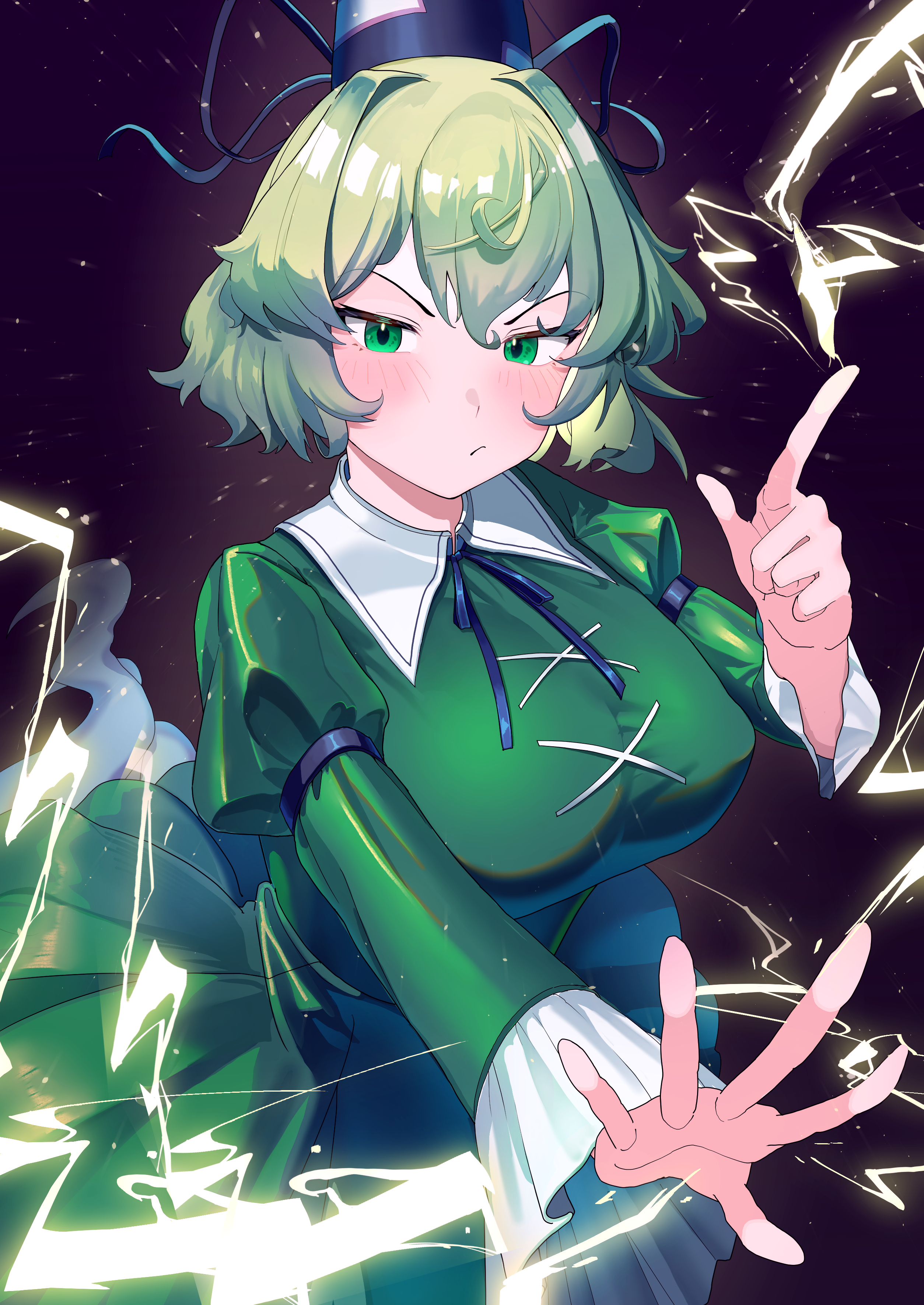 urizaku3, soga no tojiko, touhou, absurdres, highres, 1girl, breasts, dress, electricity, electrokinesis, frown, ghost, ghost tail, green dress, green eyes, green hair, hat, large breasts, looking at viewer, solo, tate eboshi