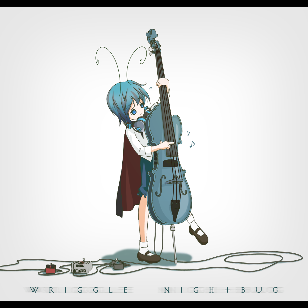 r.s.r., wriggle nightbug, touhou, bad id, bad pixiv id, 1girl, antennae, cape, double bass, female focus, gradient background, green eyes, green hair, headphones, headphones around neck, instrument, letterboxed, matching hair/eyes, musical note, short hair, solo