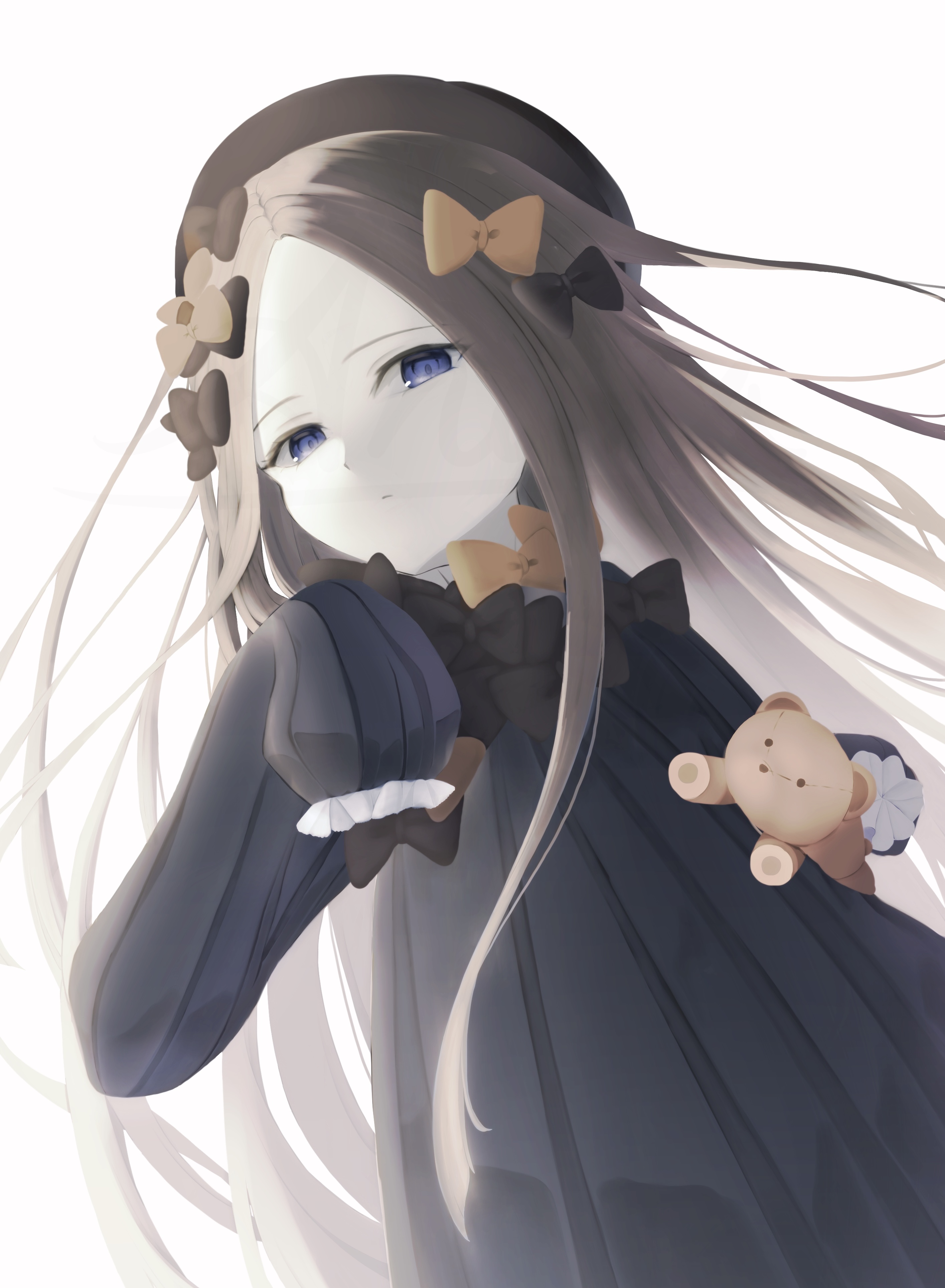 anata6350, abigail williams (fate), abigail williams (first ascension) (fate), fate/grand order, fate (series), absurdres, highres, 1girl, black bow, black dress, black hat, blonde hair, blue eyes, bow, breasts, dress, forehead, hair bow, hat, long hair, long sleeves, looking at viewer, orange bow, parted bangs, ribbed dress, sleeves past fingers, sleeves past wrists, small breasts, solo, stuffed animal, stuffed toy, teddy bear