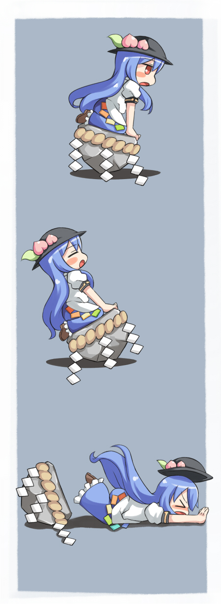 masuneko, hinanawi tenshi, touhou, bad id, bad pixiv id, highres, > <, 1girl, apron, blue hair, chibi, closed eyes, failure, female focus, food, fruit, hat, kaname-ishi, peach, rock, rope, shimenawa