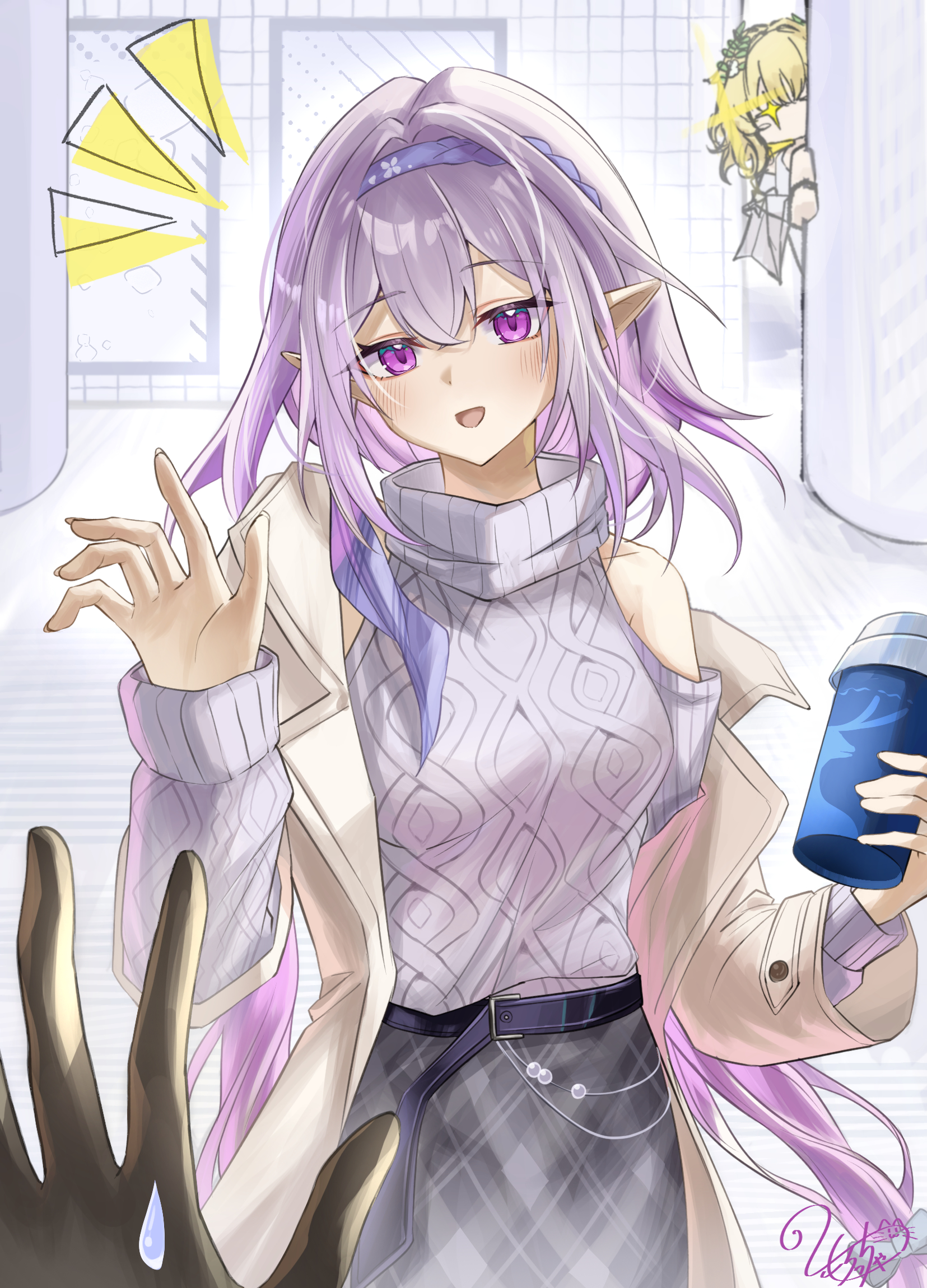 morocha1130, aglaea (honkai: star rail), castorice (honkai: star rail), castorice (luckin coffee) (honkai: star rail), honkai: star rail, honkai (series), commentary request, highres, + +, 1other, 2girls, belt, blonde hair, blue hairband, brown coat, clothing cutout, coat, cowboy shot, cup, disposable coffee cup, disposable cup, fingernails, grey skirt, hairband, hand up, holding, holding cup, long fingernails, long hair, long sleeves, looking at viewer, multiple girls, notice lines, official alternate costume, open clothes, open coat, open mouth, peeking, pointy ears, pov, pov hands, purple eyes, purple hair, shoulder cutout, signature, single bare shoulder, single off shoulder, skirt, smile, solo focus, sweatdrop, sweater, turtleneck, turtleneck sweater, very long hair, waving, white sweater