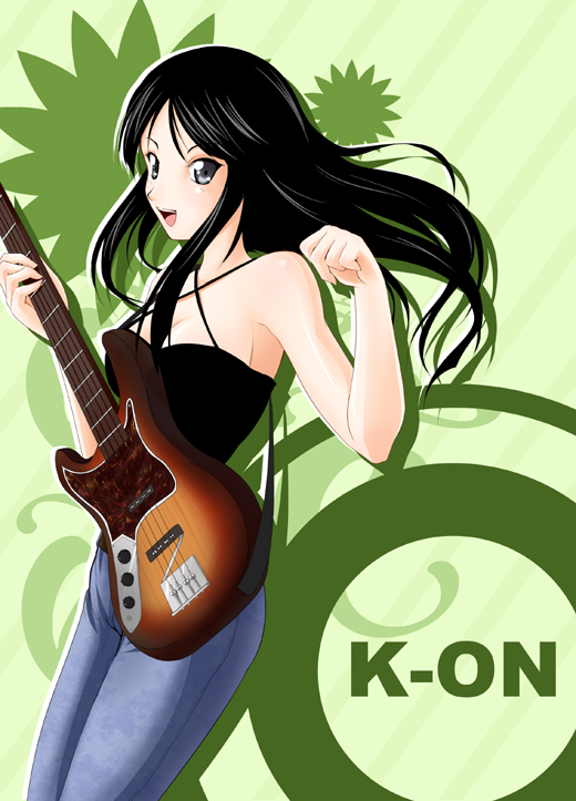 kanzuki yuu, akiyama mio, k-on!, 00s, 1girl, bass guitar, black eyes, black hair, denim, female focus, guitar, instrument, jeans, long hair, pants, solo