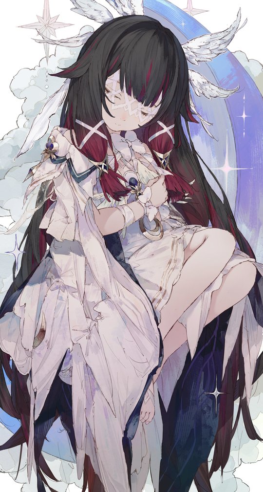 dolphro-kun, columbina (genshin impact), genshin impact, 1girl, bandaged arm, bandages, black hair, closed eyes, closed mouth, dress, hair ornament, head wings, long hair, multicolored hair, solo, streaked hair, very long hair, white dress, wings, x-shaped eyewear, x hair ornament