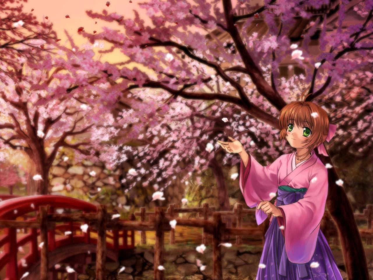 mutsuki (moonknives), kinomoto sakura, cardcaptor sakura, kodansha, non-web source, 1990s (style), 1girl, bridge, brown hair, cherry blossoms, child, female focus, green eyes, japanese clothes, kimono, light smile, park, petals, retro artstyle, short hair, solo