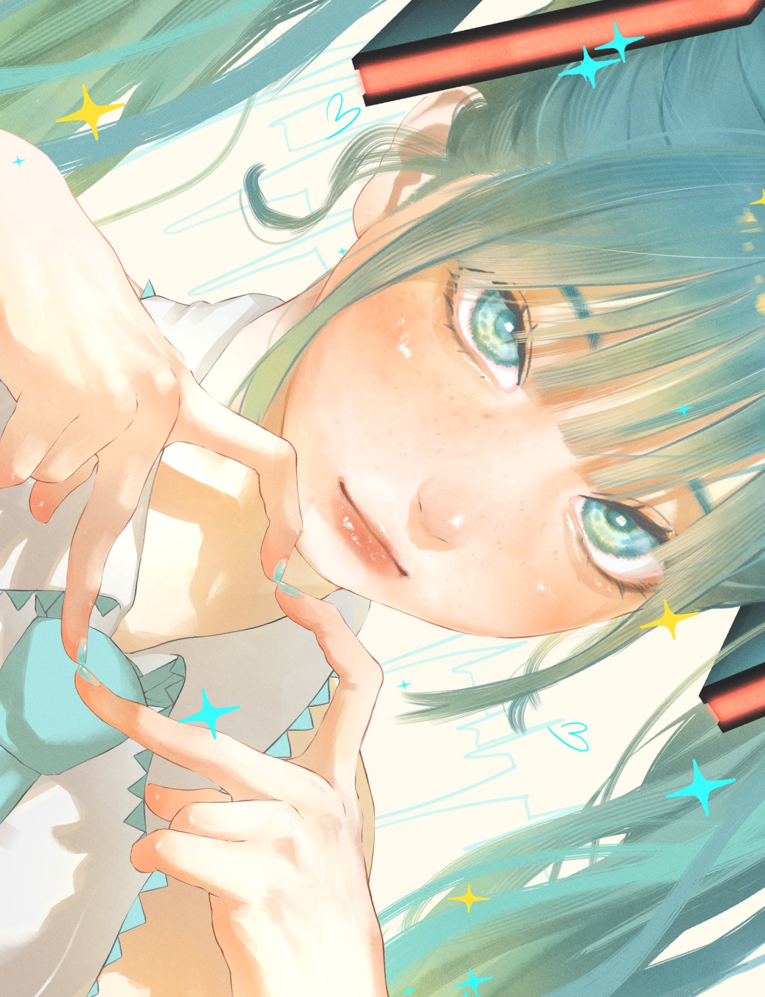 noranucoo, hatsune miku, vocaloid, highres, 1girl, aqua eyes, aqua hair, closed mouth, four-finger heart hands, heart, heart hands, long hair, looking at viewer, nail polish, solo, sparkle, twintails
