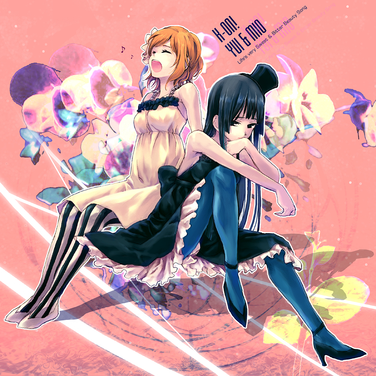 momo (gomenne), mou ii, akiyama mio, hirasawa yui, don't say "lazy", k-on!, striped legwear, vertical-striped legwear, bad id, bad pixiv id, highres, 00s, 2girls, black hair, blue pantyhose, brown hair, closed eyes, dress, hat, long hair, mini hat, mini top hat, multiple girls, musical note, pantyhose, short hair, striped clothes, striped pantyhose, top hat, vertical-striped clothes, vertical-striped pantyhose, yawning
