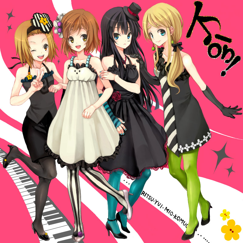 anko kinako, akiyama mio, hirasawa yui, kotobuki tsumugi, tainaka ritsu, don't say "lazy", k-on!, black legwear, striped legwear, vertical-striped legwear, bad id, bad pixiv id, 00s, 4girls, black hair, blonde hair, blue eyes, blue pantyhose, brown eyes, brown hair, dress, facepaint, green pantyhose, hat, high heels, ho-kago tea time, long hair, mini hat, mini top hat, multiple girls, one eye closed, pantyhose, shoes, short hair, striped clothes, striped pantyhose, top hat, vertical-striped clothes, vertical-striped pantyhose, wink