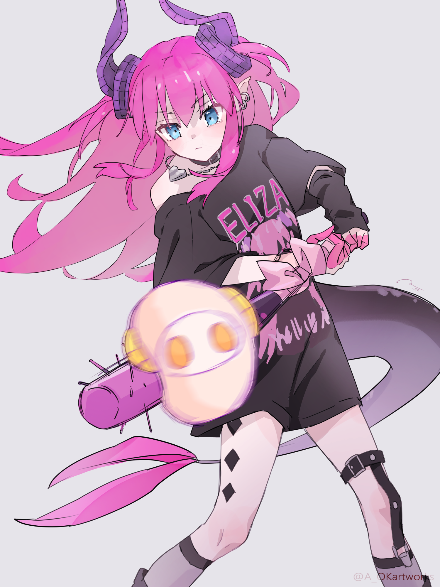 aopix 001, apollo (fate), elizabeth bathory (fate), fate/grand order, fate (series), highres, 1girl, black shirt, blue eyes, bracelet, breasts, choker, curled horns, dragon horns, dragon tail, earrings, elizabeth bathory (perfect) (fate), elizabeth bathory (perfect) (first ascension) (fate), hair ribbon, horns, jewelry, long hair, off shoulder, pink hair, pointy ears, ribbon, sheep, shirt, short sleeves, small breasts, spiked bat, tail, thigh strap, thighs, two side up
