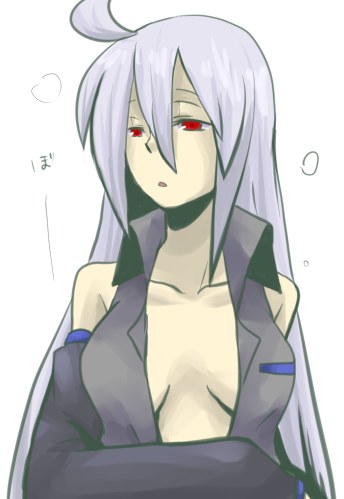 naoto (sakurai), yurikawa akira, yowane haku, vocaloid, silver hair, lowres, 1girl, ahoge, blouse, breasts, cleavage, detached sleeves, female focus, grey shirt, large breasts, red eyes, shirt, solo