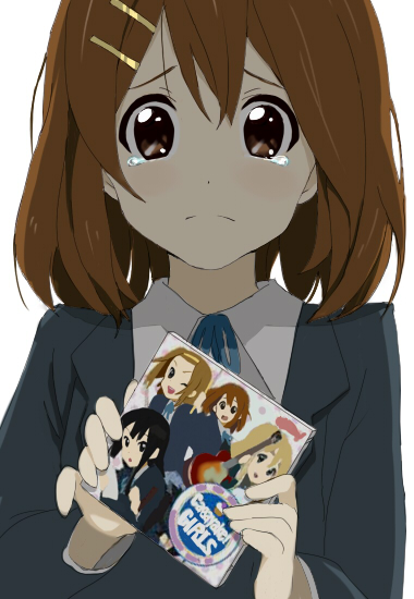 kurohachimitsu, hirasawa yui, k-on!, bad id, bad pixiv id, 00s, 1girl, brown eyes, brown hair, cd, female focus, gibson les paul, hair ornament, hairclip, sad, school uniform, short hair, solo, tears