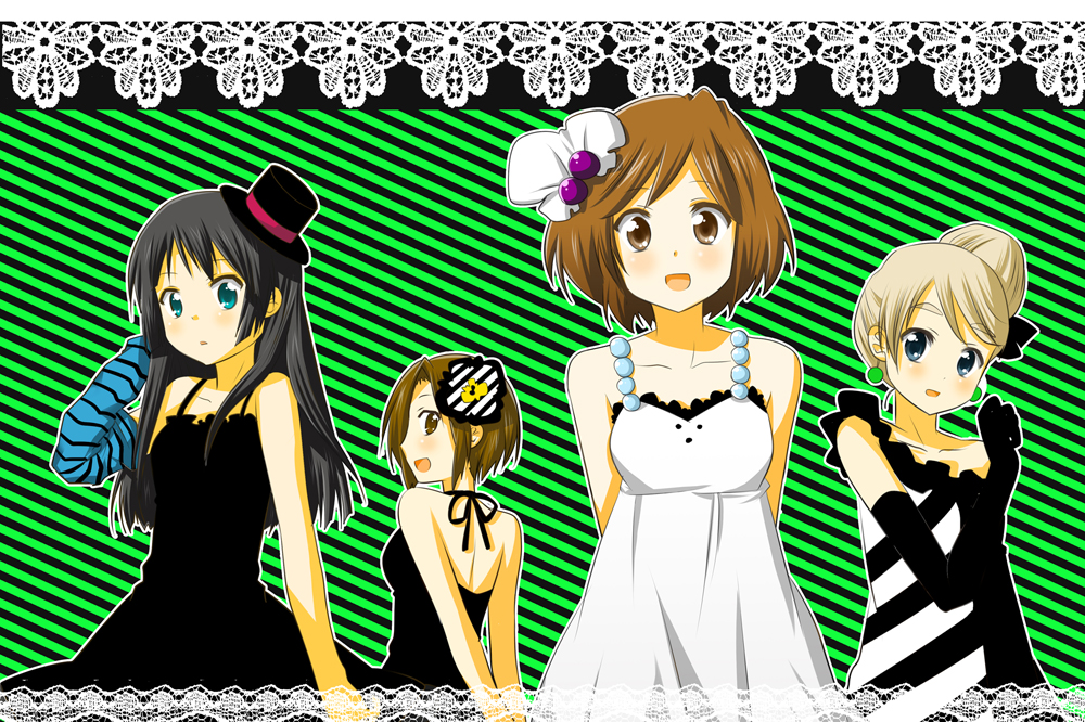 izumi minami, akiyama mio, hirasawa yui, kotobuki tsumugi, tainaka ritsu, don't say "lazy", k-on!, bad id, bad pixiv id, 00s, 4girls, black hair, blonde hair, blue eyes, brown eyes, brown hair, dress, hat, ho-kago tea time, long hair, mini hat, mini top hat, multiple girls, short hair, top hat