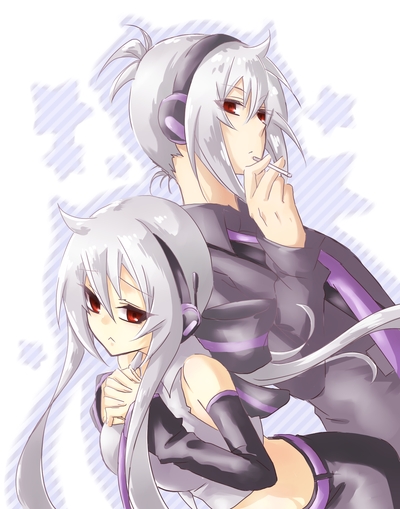 38, 38 (te02), honne dell, yowane haku, vocaloid, silver hair, bad id, bad pixiv id, 1boy, 1girl, ahoge, blouse, cigarette, detached sleeves, grey shirt, necktie, red eyes, shirt, smoking