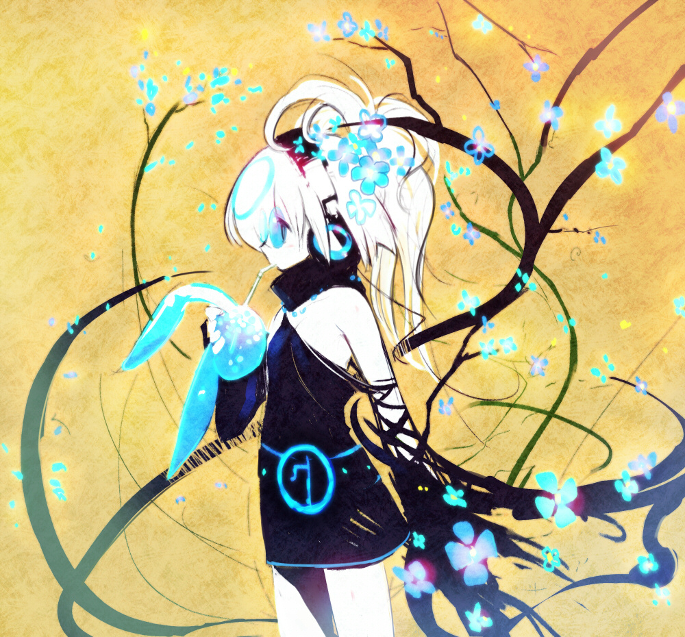 ein (artist), ein (long cake), original, 1girl, blonde hair, female focus, headphones, neon trim, solo