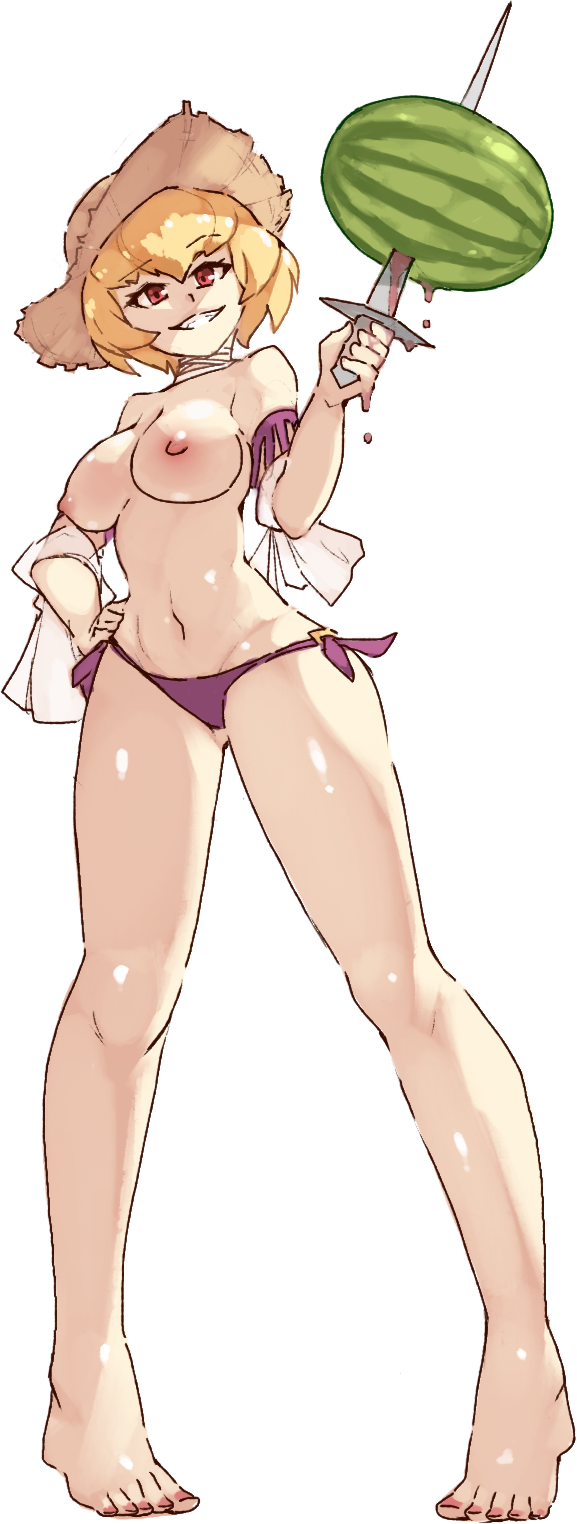 clementine (overlord), overlord (maruyama), artist request, highres, tagme, 1girl, blonde hair, breasts, breasts out, food, fruit, hat, knife, nails, red eyes, smile, swimsuit, watermelon