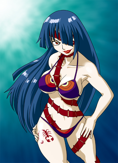 pekepeke, adiane, tengen toppa gurren lagann, 00s, 1girl, bikini, blue hair, breasts, cleavage, eyepatch, female focus, large breasts, lipstick, long hair, makeup, red eyes, solo, swimsuit, tattoo