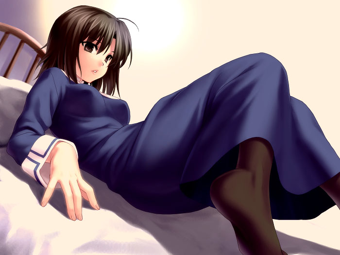 zen, ryougi shiki, kara no kyoukai, 1girl, brown eyes, brown hair, feet, female focus, pantyhose, reien girl's academy school uniform, school uniform, solo