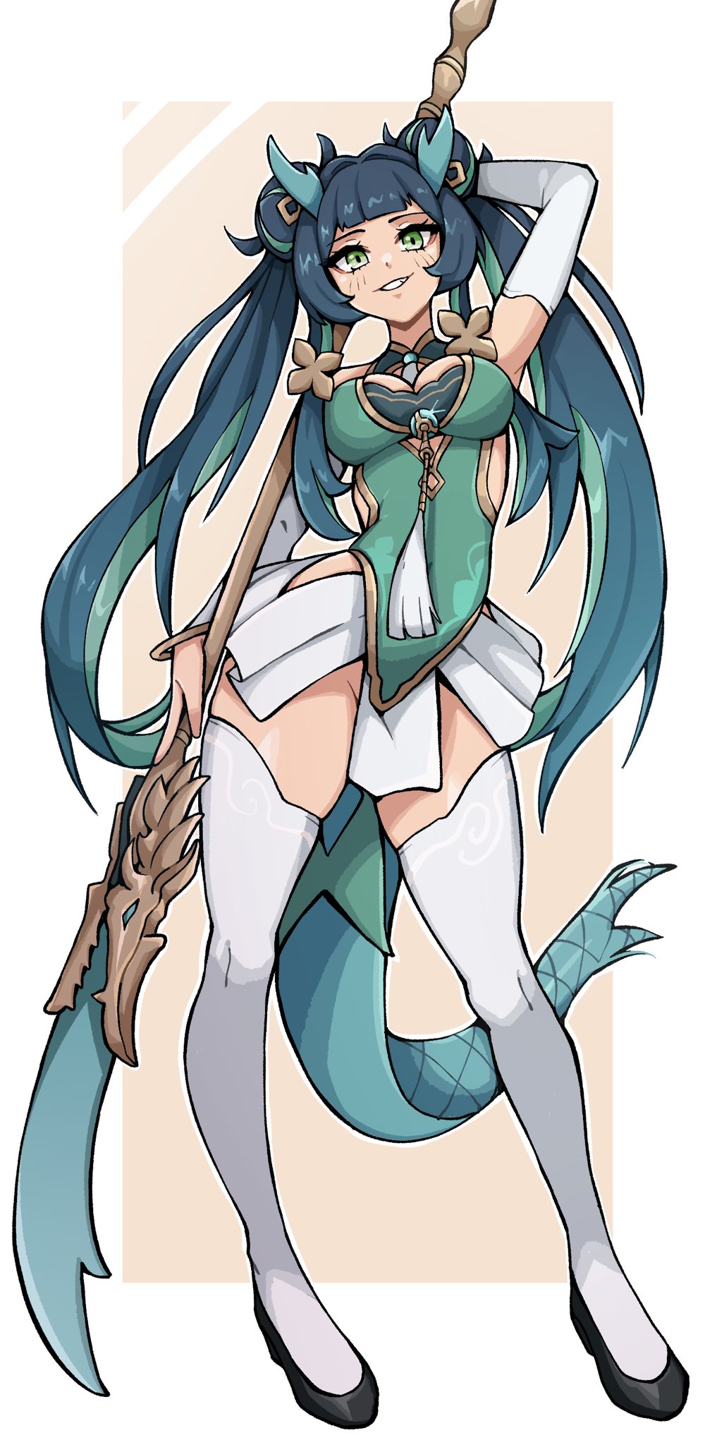 oninuer, original, commentary, commission, english commentary, highres, 1girl, arm behind head, black shoes, blue hair, blunt bangs, breasts, dress, full body, green dress, green eyes, green hair, holding, holding polearm, holding weapon, large breasts, long hair, long sleeves, looking at viewer, miniskirt, multicolored hair, polearm, shoes, simple background, skirt, smile, solo, tail, thighhighs, two-tone hair, weapon, white skirt, white thighhighs