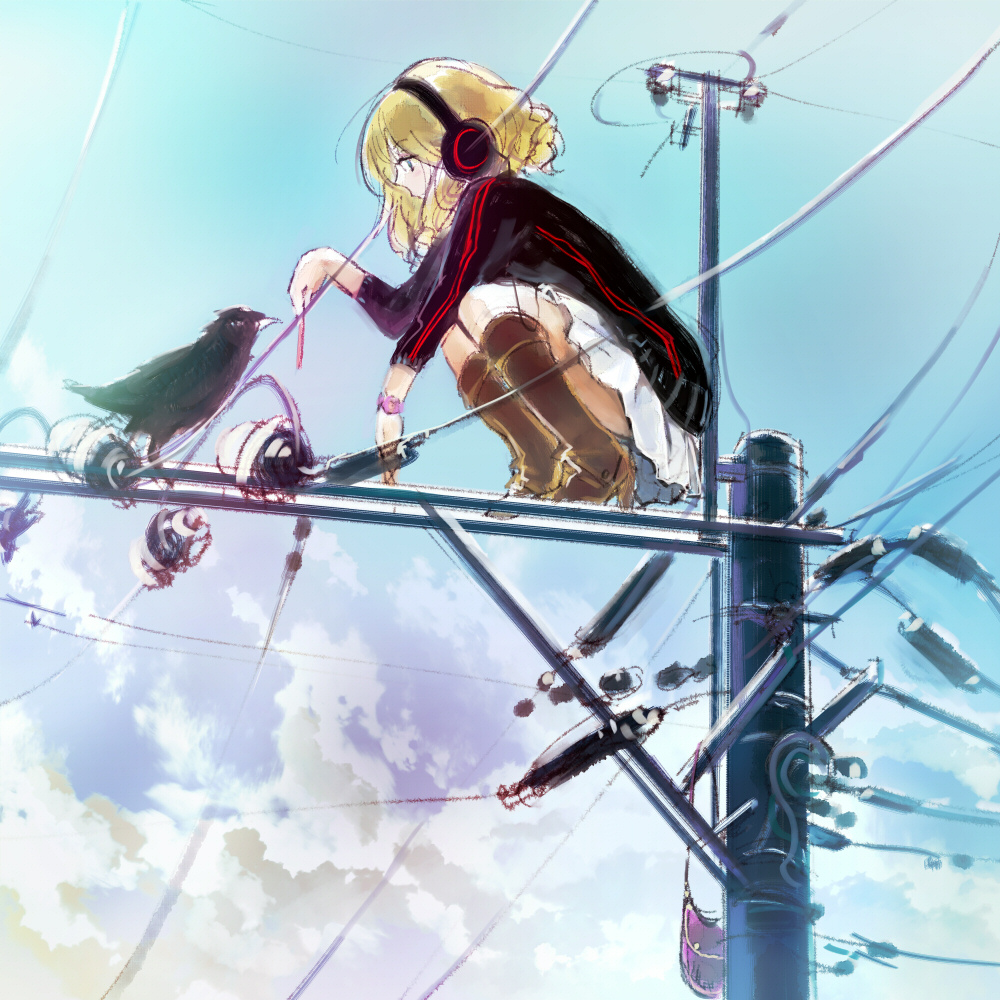 ein (artist), ein (long cake), original, 1girl, animal, bird, blonde hair, blue eyes, boots, cloud, crow, day, feeding, female focus, from side, headphones, kneeling, miniskirt, on top of pole, pleated skirt, power lines, profile, short hair, sketch, skirt, sky, solo, squatting, utility pole