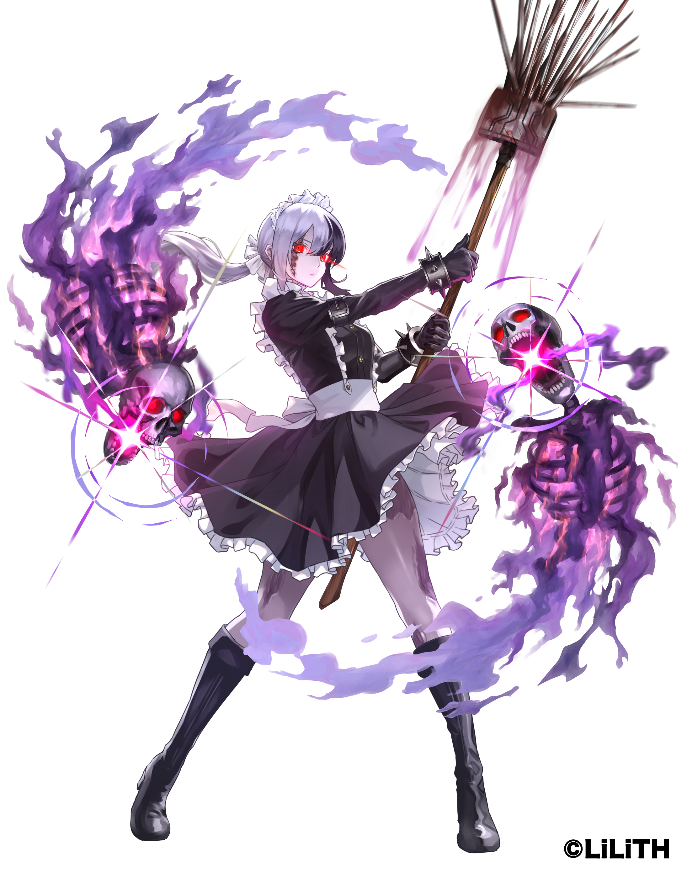 hanekura bou, almeria (taimanin series), taimanin (series), taimanin rpgx, absurdres, highres, official art, 1girl, black boots, black gloves, black hair, boots, breasts, broom, copyright notice, cuffs, exposed muscle, full body, ghost, gloves, holding, looking at viewer, maid, maid headdress, multicolored hair, ponytail, red eyes, scar, scar on face, skeleton, solo, spikes, standing, two-tone hair, white background, white hair, zombie