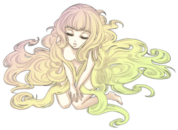 tsustuji maki, tsutsuji maki, physis, toward the terra, 1girl, blonde hair, closed eyes, female focus, long hair, nude, simple background, sitting, solo