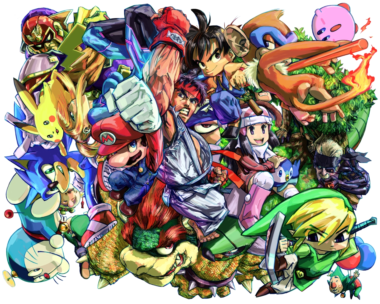 aburaya tonbi, bowser, captain falcon, dawn (pokemon), doraemon (character), kirby, koopa, link, luigi, mario, monferno, old snake, pikachu, piplup, ryu (street fighter), samus aran, solid snake, son goku, sonic the hedgehog, tingle, toon link, torterra, capcom, doraemon, dragon ball, f-zero, kirby (series), mario (series), metal gear (series), metal gear solid, metal gear solid 4: guns of the patriots, metroid, nintendo, pikmin (series), pokemon, sega, sonic (series), street fighter, super mario bros. 1, super smash bros., the legend of zelda, eyebrows, 2girls, 6+boys, alternate costume, armor, balloon, black hair, blonde hair, blue eyes, blush stickers, breasts, cheek swirl, child, cigarette, claws, clenched hand, clenched teeth, clothes writing, crossover, everyone, eyepatch, facial hair, fingerless gloves, fire, flame-tipped tail, gen 1 pokemon, gen 4 pokemon, gloves, green eyes, hairband, hat, helmet, holding, holding sword, holding weapon, leaf, long hair, looking at viewer, mask, medium breasts, mole, multiple boys, multiple girls, mustache, one eye closed, orange hair, parody, pikmin (creature), pointy ears, pokemon (creature), purple eyes, red eyes, red hair, ruyi jingu bang, sharp teeth, shield, spikes, staff, sword, tail, teeth, tree, weapon, whiskers, wink, zero suit
