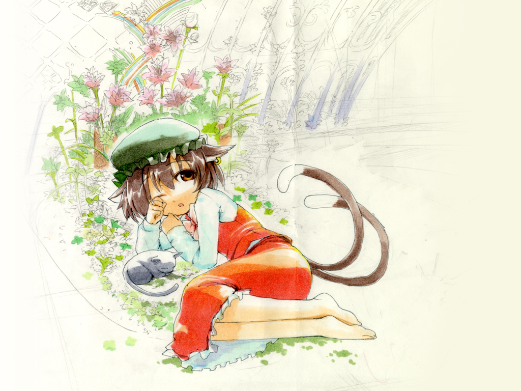 kaito (k4itoh), chen, touhou, bad id, bad pixiv id, 1girl, animal ears, barefoot, brown eyes, brown hair, cat, cat ears, cat tail, earrings, feet, female focus, fetal position, hat, jewelry, lying, multiple tails, on side, one eye closed, plantar flexion, rubbing eyes, short hair, sleepy, solo, tail, wink
