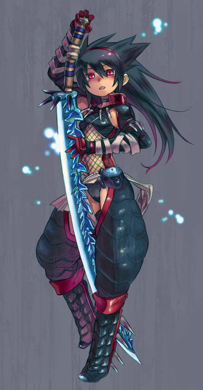 nada haruka, capcom, monster hunter (series), highres, 1girl, armor, black hair, female focus, flat chest, hairband, long hair, nargacuga (armor), ootachi, red eyes, solo, sword, weapon