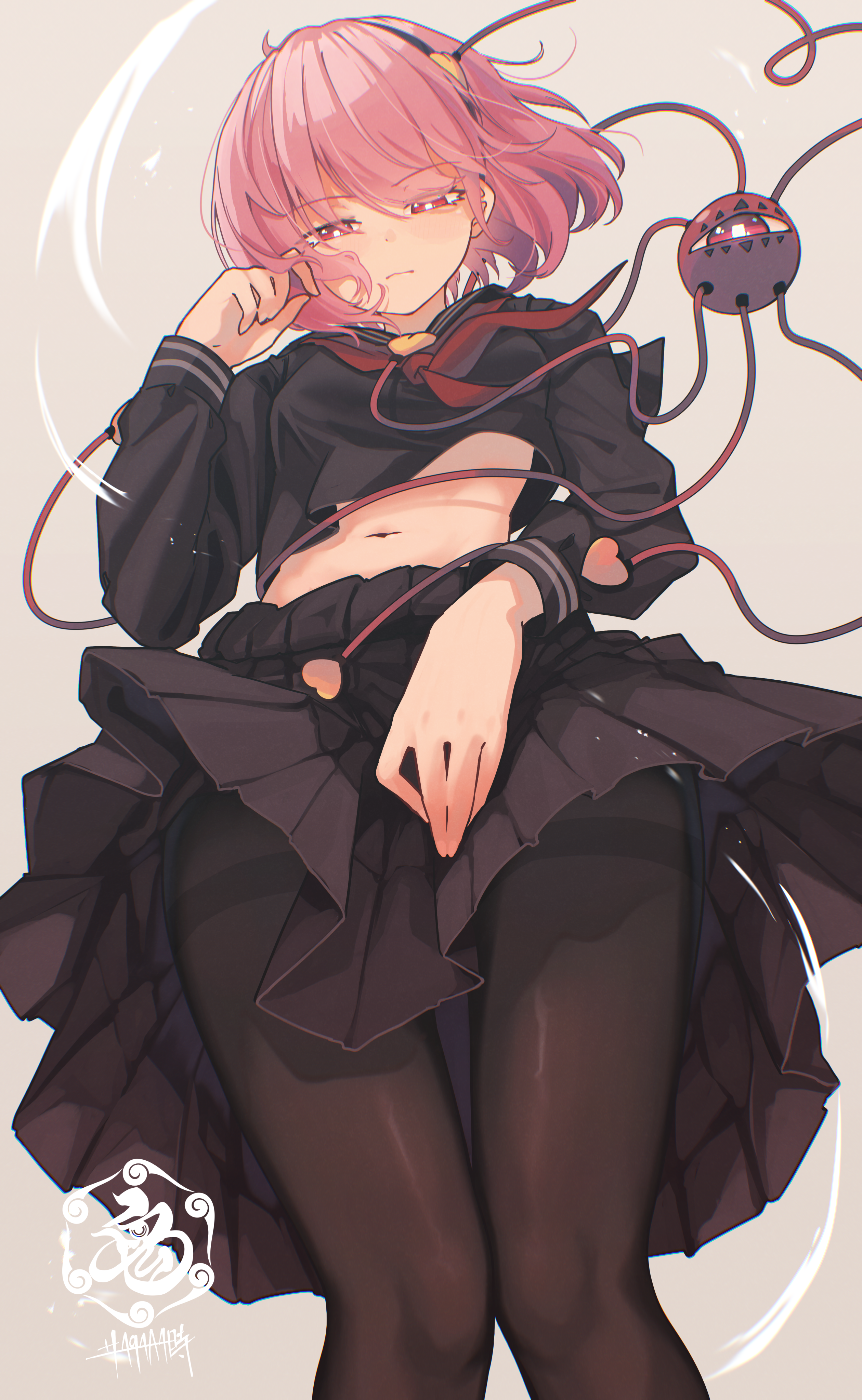 senzaicha kasukadoki, komeiji satori, touhou, absurdres, commentary request, highres, 1girl, alternate costume, artist logo, black hairband, black pantyhose, black serafuku, eyeball, feet out of frame, from below, grey background, hair ornament, hairband, heart, heart hair ornament, logo, looking at viewer, navel, neckerchief, pantyhose, pink eyes, pink hair, pleated skirt, red neckerchief, school uniform, serafuku, short hair, skirt, skirt tug, solo, stomach, third eye, wind, wind lift