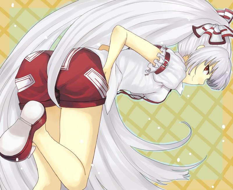 aki (mare desiderii), fujiwara no mokou, touhou, 1girl, adapted costume, ass, female focus, long hair, looking back, ponytail, red eyes, shorts, smile, smirk, solo, suspenders, very long hair, white hair