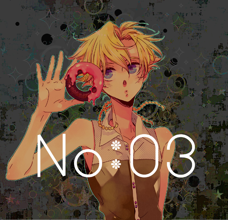 calamel, poitanu, gino weinberg, code geass, 00s, 1boy, blonde hair, blue eyes, braid, donut, food, male focus, sleeveless, solo