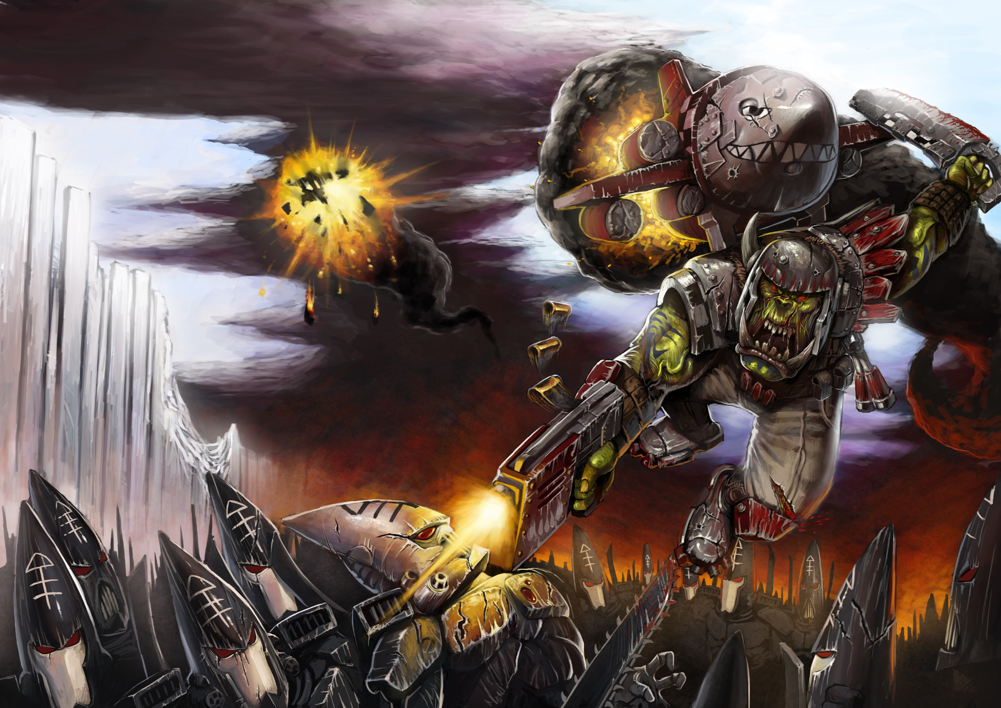 tianzhong zhongtian, warhammer 40k, highres, armor, battle, bolter, boots, chainsaw, chainsword, cleaver, eldar, epic, explosion, flying, gun, helmet, jetpack, no humans, orc, ork (warhammer), red eyes, scar, smoke, waaagh!, weapon