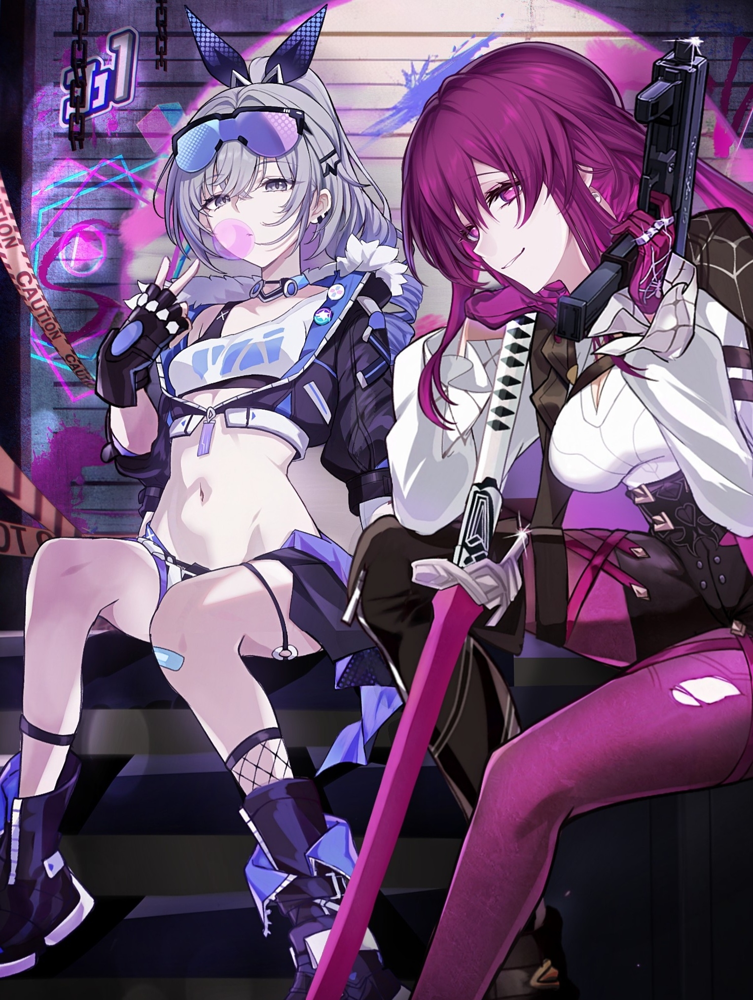 saint laurent paris, kafka (honkai: star rail), silver wolf (honkai: star rail), honkai: star rail, honkai (series), highres, 2girls, bandaid, bandaid on knee, bandaid on leg, black gloves, black sports bra, blowing bubble gum, boots, bra strap, breasts, chest harness, chewing gum, cleavage, drill hair, drill ponytail, earclip, eyewear on head, fingerless gloves, fur-trimmed jacket, fur trim, gloves, grey eyes, grey hair, gun, hair ornament, hair ribbon, hairclip, hand on hilt, hand up, harness, head rest, holding, holding gun, holding weapon, jacket, katana, long hair, long sleeves, looking at viewer, medium breasts, midriff, multiple girls, navel, no pupils, pantyhose, parted lips, purple-tinted eyewear, purple eyes, purple gloves, purple hair, purple pantyhose, ribbon, shirt, single drill, sitting, small breasts, smile, spider web print, sports bra, sword, tinted eyewear, torn clothes, torn pantyhose, v, weapon, white shirt