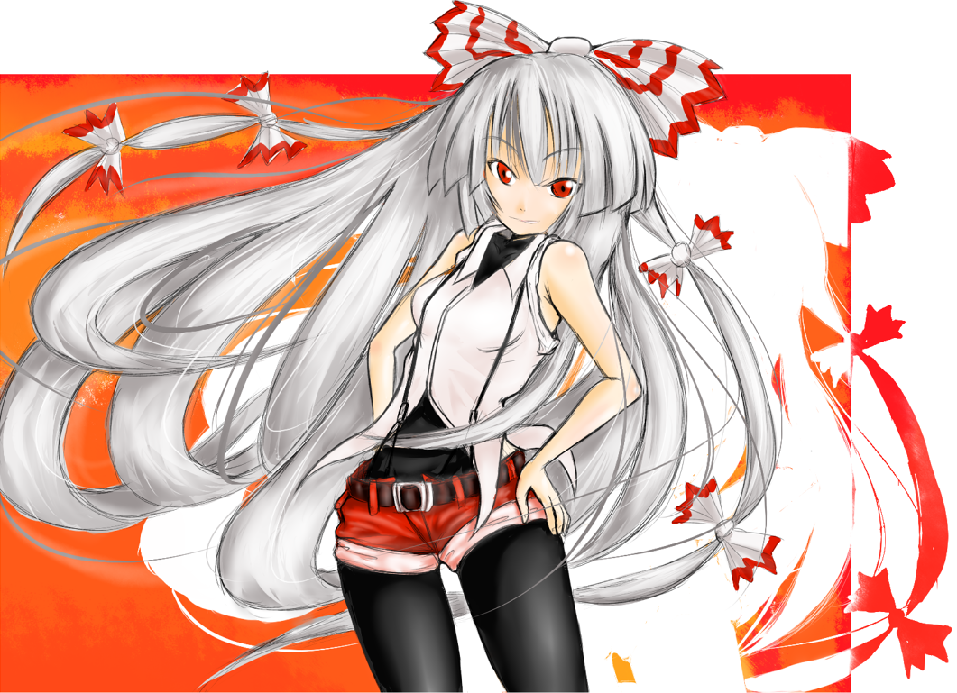 akunohana, fujiwara no mokou, touhou, 1girl, bare shoulders, bow, female focus, hair bow, long hair, multiple hair bows, pantyhose, pantyhose under shorts, red eyes, shorts, solo, suspenders, very long hair, white hair
