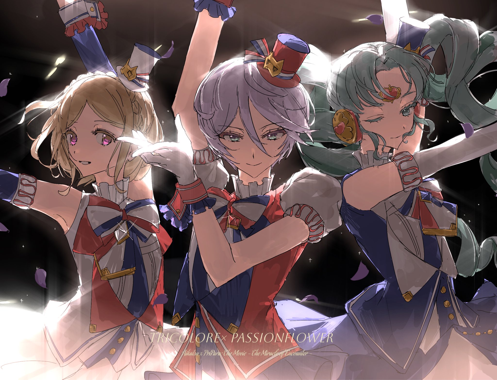 falulu, falulu (awakened), midorikaze fuwari, shikyoin hibiki, pretty series, pripara, commentary request, highres, 3girls, arm up, arms up, backlighting, blue jacket, blue skirt, bow, bowtie, colored eyelashes, confetti, dancing, elbow gloves, floating hair, forehead jewel, gloves, green hair, grey eyes, hat, headphones, idol, idol clothes, jacket, long hair, looking at viewer, mini hat, mini top hat, multiple girls, one eye closed, parted bangs, poteto (mochimochinc), puffy short sleeves, puffy sleeves, red jacket, short sleeves, skirt, sleeveless, sleeveless jacket, smile, standing, top hat, twintails, white gloves, white jacket