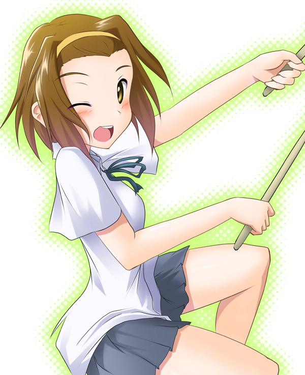 kuronyan, tainaka ritsu, k-on!, 00s, 1girl, blush, bob cut, brown hair, drumsticks, female focus, hair ornament, hairband, laughing, miniskirt, one eye closed, open mouth, pleated skirt, ribbon, round teeth, school uniform, short hair, sidelocks, sitting, skirt, smile, solo, teeth, tomboy, wink