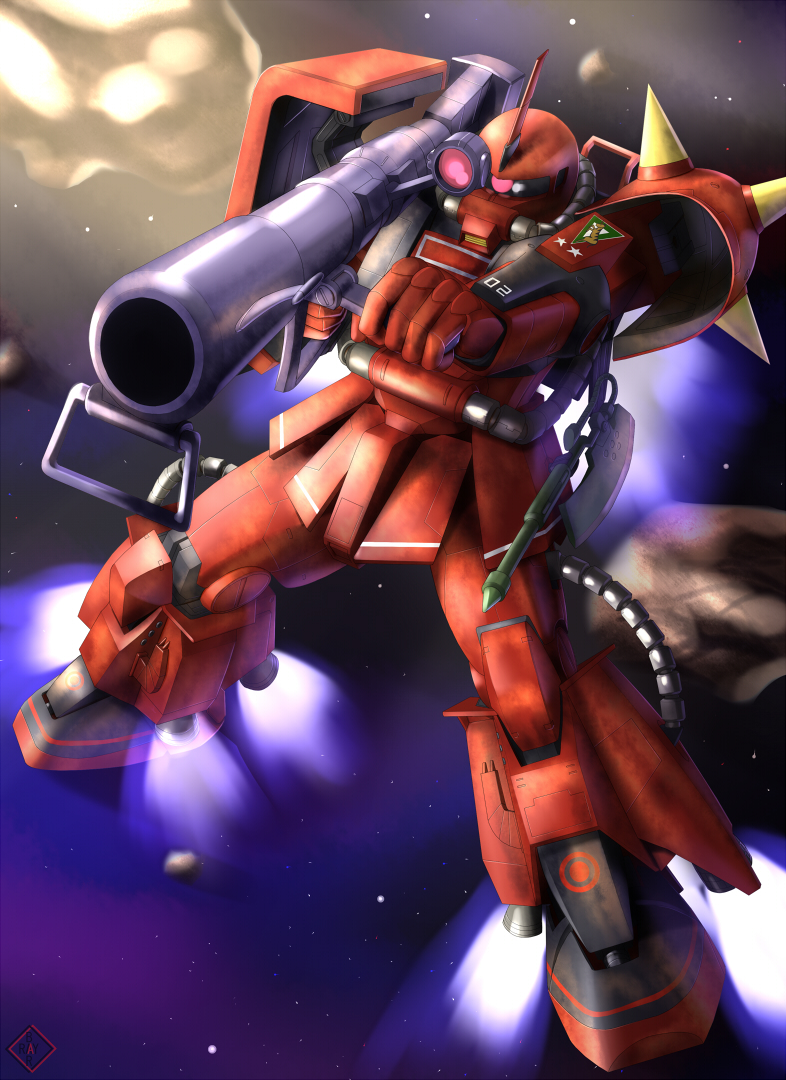 raybar, johnny ridden, zaku, zaku ii, zaku ii hmt johnny ridden custom, zaku ii johnny ridden custom, gundam, gundam msv, mobile suit gundam, axe, m1 bazooka, mecha, no humans, robot, rocket launcher, solo, space, weapon