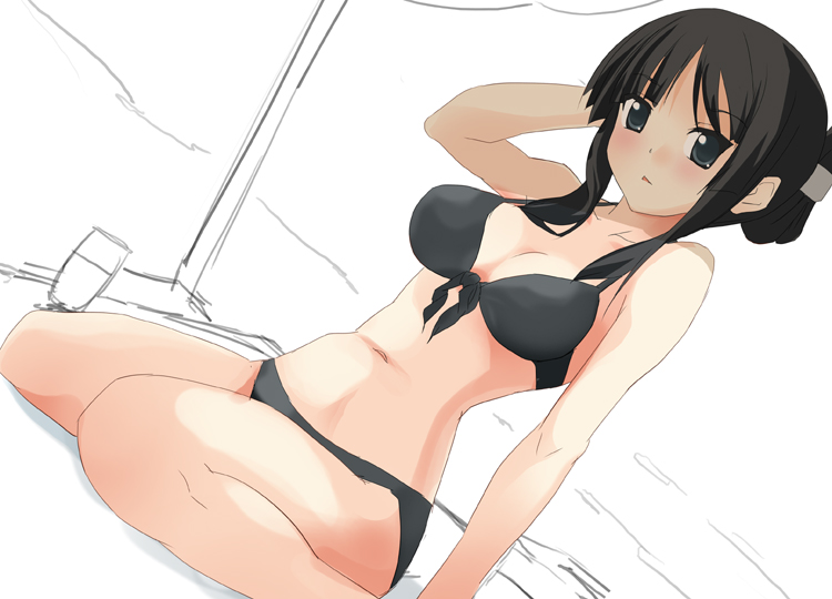 date (senpen), akiyama mio, k-on!, 00s, 1girl, alternate hairstyle, arm behind head, bikini, black bikini, black eyes, black hair, blush, dutch angle, female focus, folded ponytail, front-tie top, hair up, hime cut, long hair, looking at viewer, panties, partially colored, shy, simple background, sitting, solo, staring, swimsuit, underwear, wariza