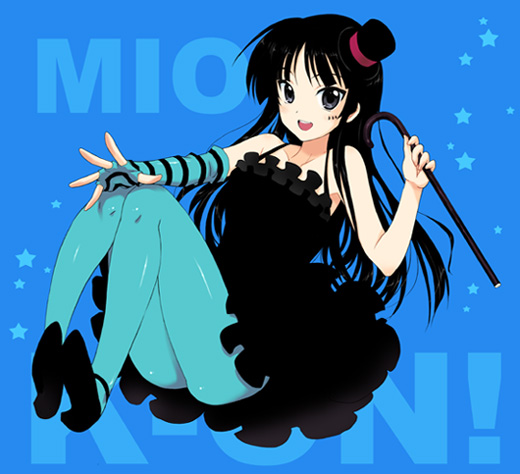 yano takumi, akiyama mio, don't say "lazy", k-on!, striped, 00s, 1girl, black eyes, black hair, blue pantyhose, cane, female focus, hat, high heels, legs, mini hat, mini top hat, pantyhose, shoes, smile, solo, star (symbol), top hat, tsurime